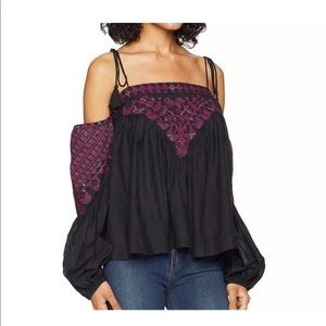 FREE PEOPLE Embroidered Cold Shoulder Peasant Top